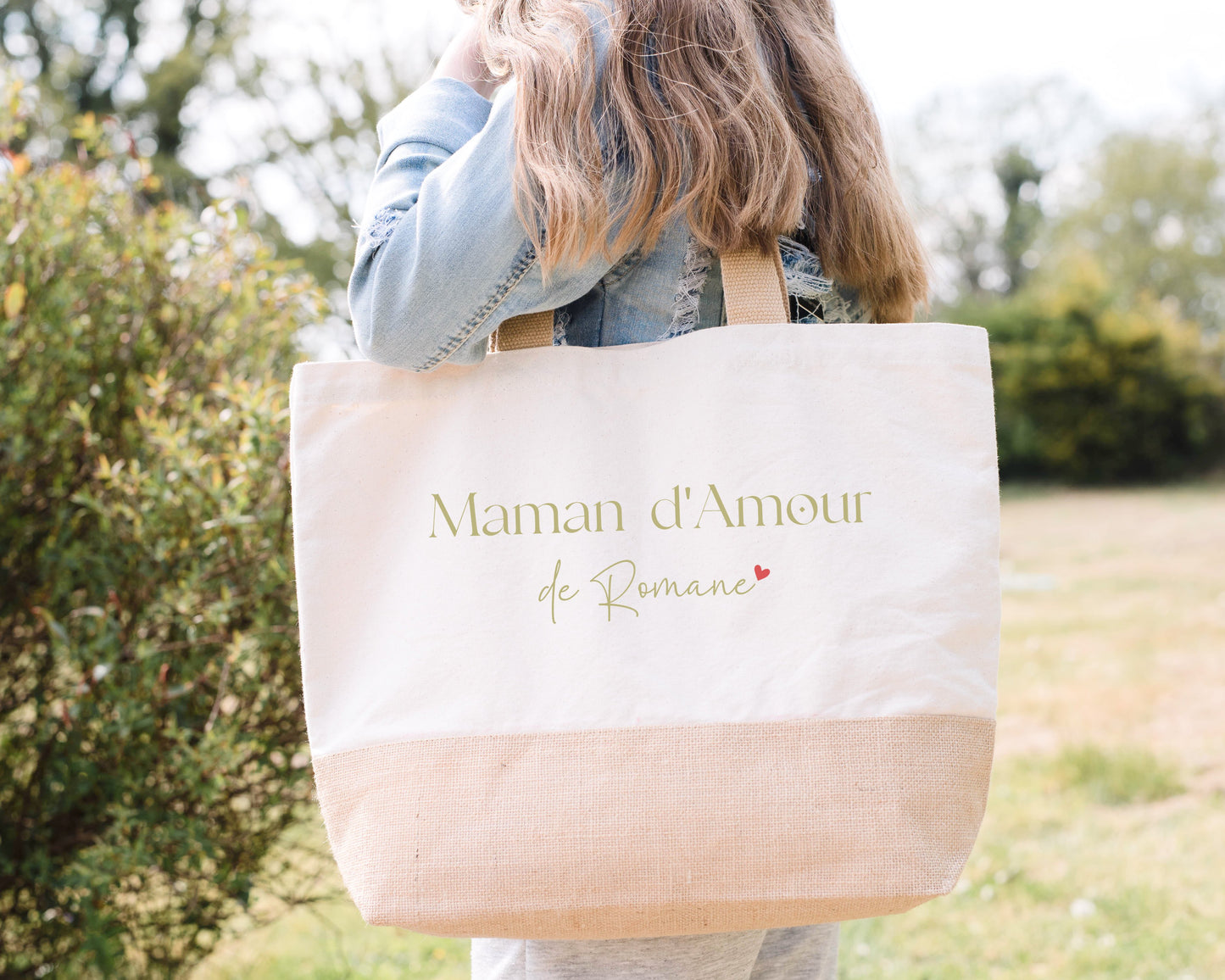 Sac shopping XL personnalisé « Maman d’Amour », Grand sac, Cadeau maman, Sac en jute et coton personnalisé