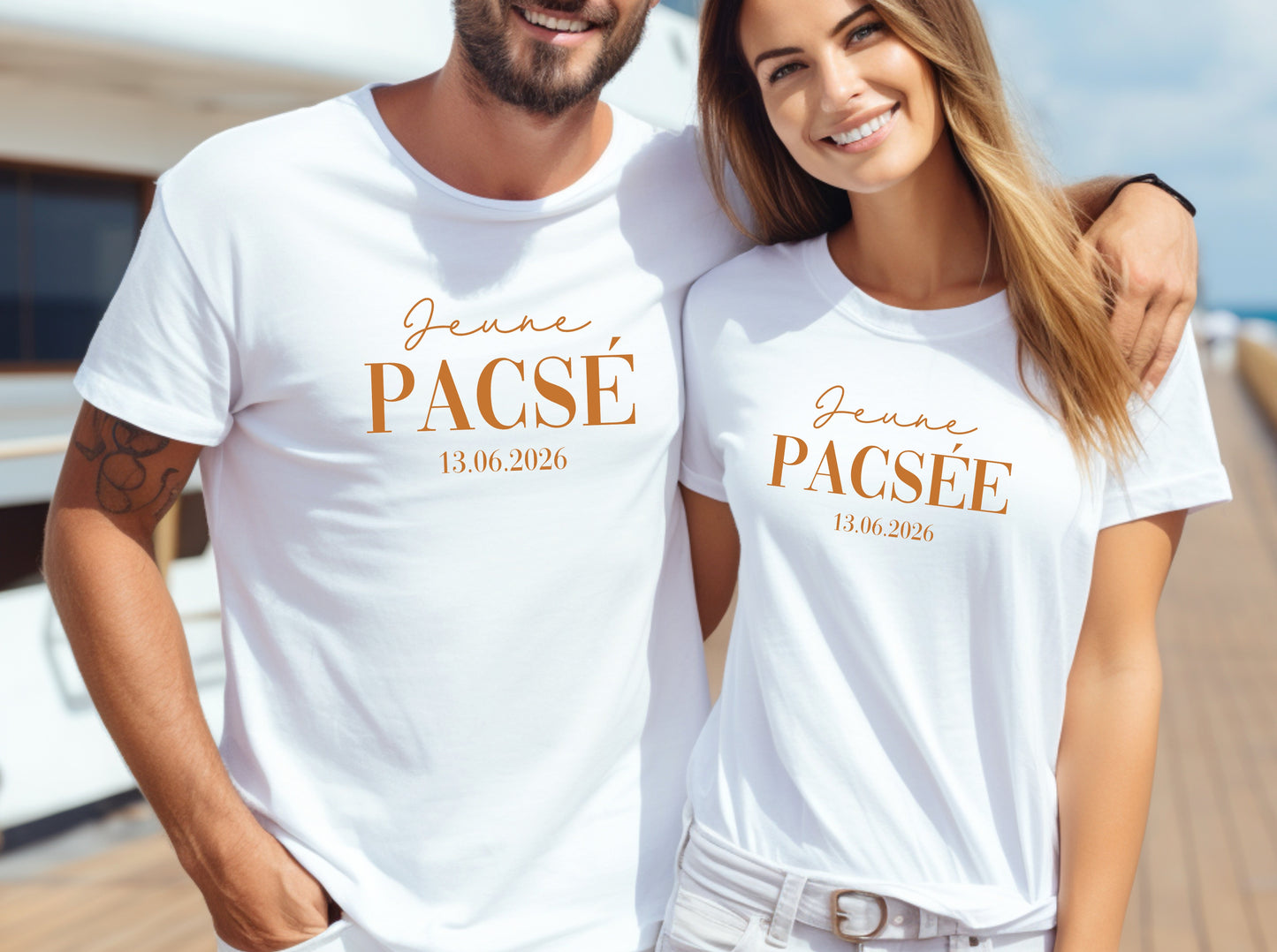 Duo t-shirts couple "Jeune pacsé / Jeune pacsée" avec date – Tenue PACS – Cadeau PACS – Shooting couple