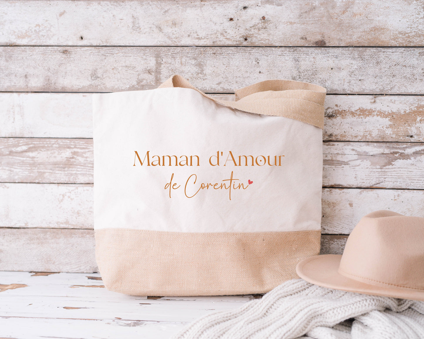 Sac shopping XL personnalisé « Maman d’Amour », Grand sac, Cadeau maman, Sac en jute et coton personnalisé