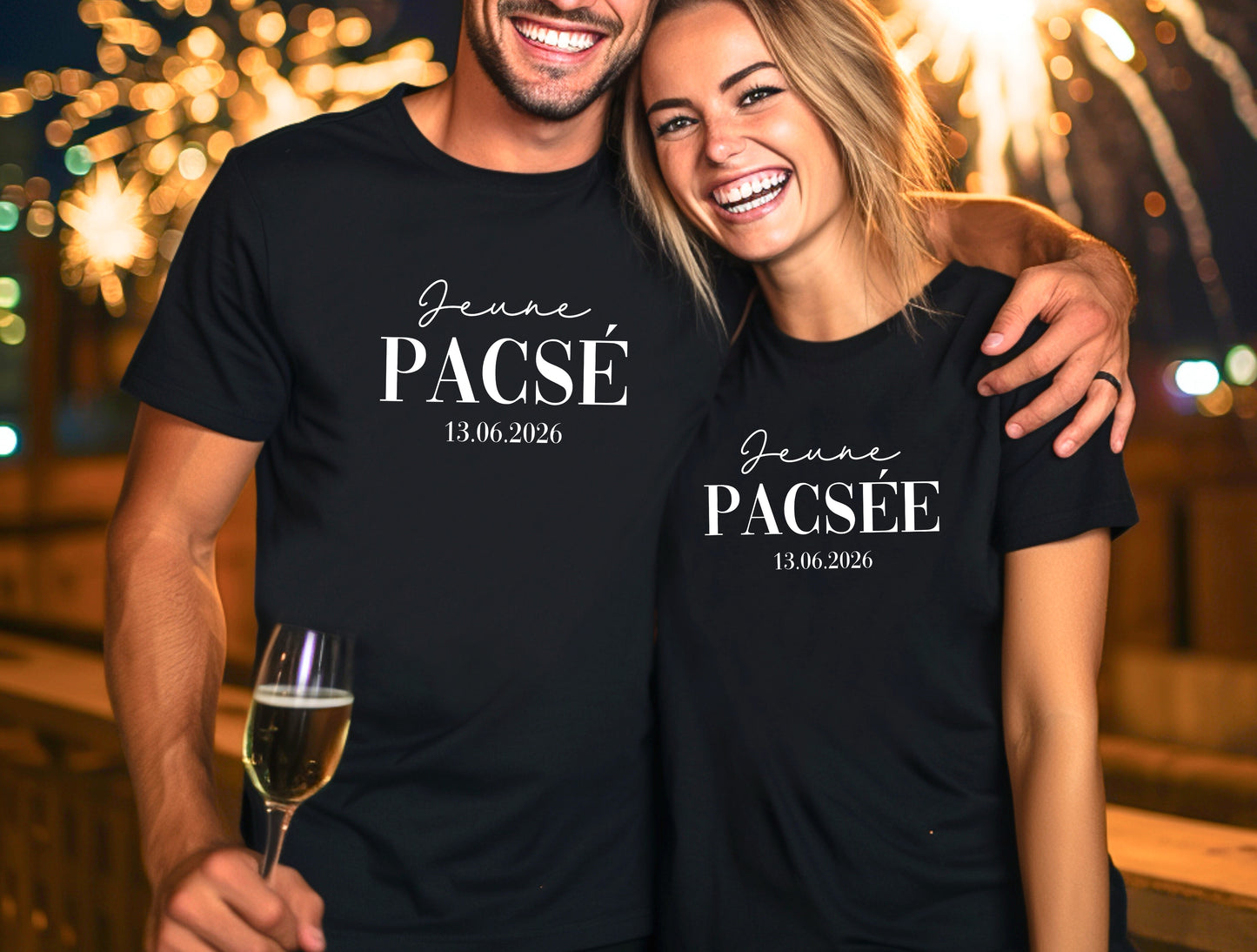 Duo t-shirts couple "Jeune pacsé / Jeune pacsée" avec date – Tenue PACS – Cadeau PACS – Shooting couple