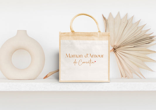 Cabas jute personnalisé “Maman d’Amour”, Cadeau maman, Fête des Mères, Sac cabas personnalisé