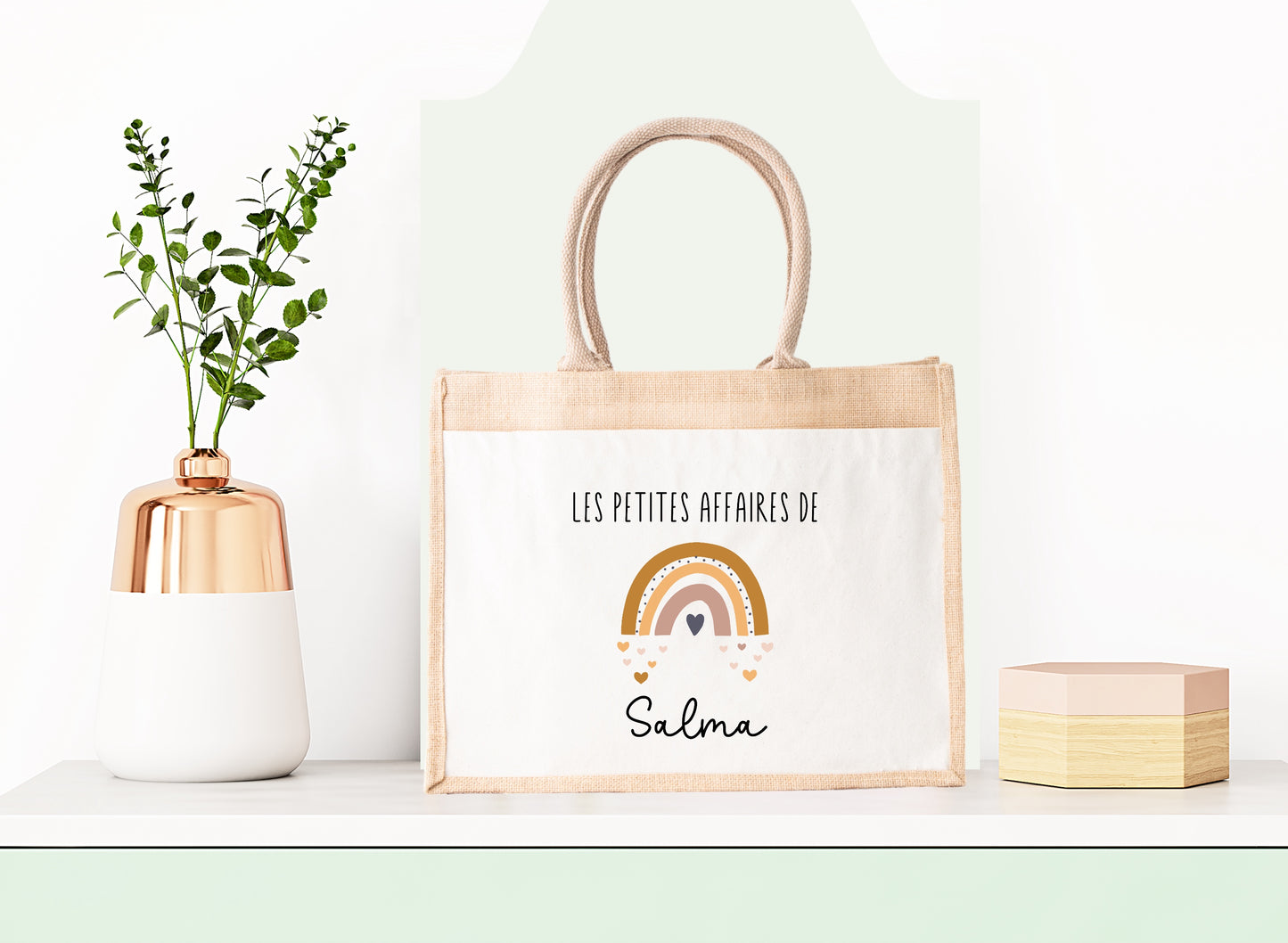 Sac Cabas toile et jute enfant personnalisé, Cadeau enfant prénom, Cadeau anniversaire enfant, Sac arc en ciel