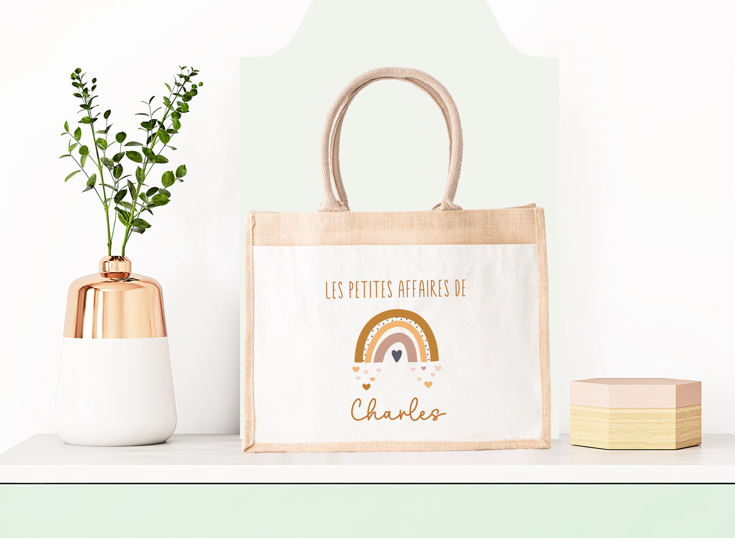 Sac Cabas toile et jute enfant personnalisé, Cadeau enfant prénom, Cadeau anniversaire enfant, Sac arc en ciel
