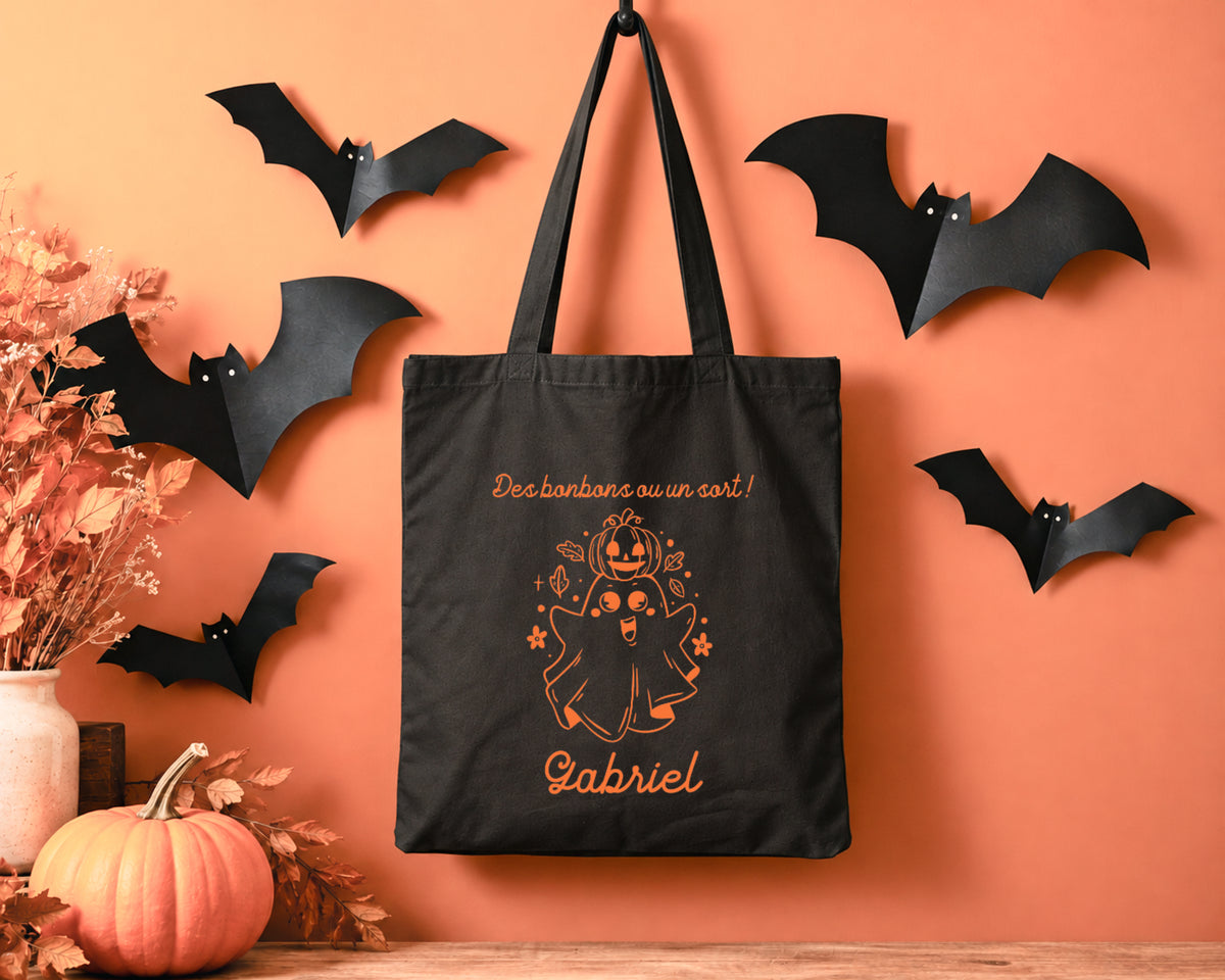Sac Halloween personnalisé prénom, Fantôme et citrouille, Sac à bonbons enfant