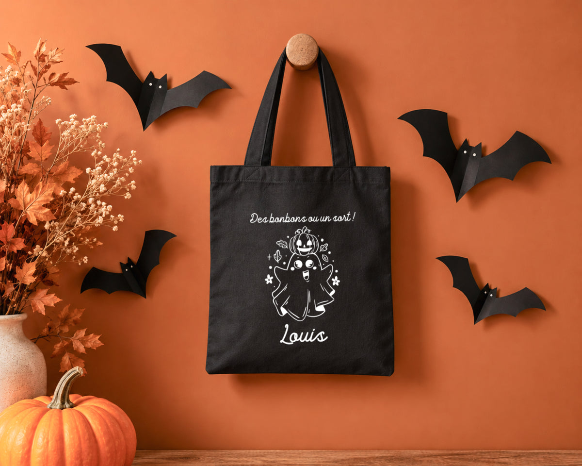 Sac Halloween personnalisé prénom, Fantôme et citrouille, Sac à bonbons enfant