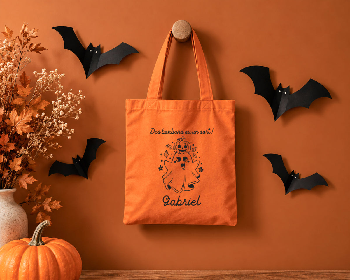 Sac Halloween personnalisé prénom, Fantôme et citrouille, Sac à bonbons enfant