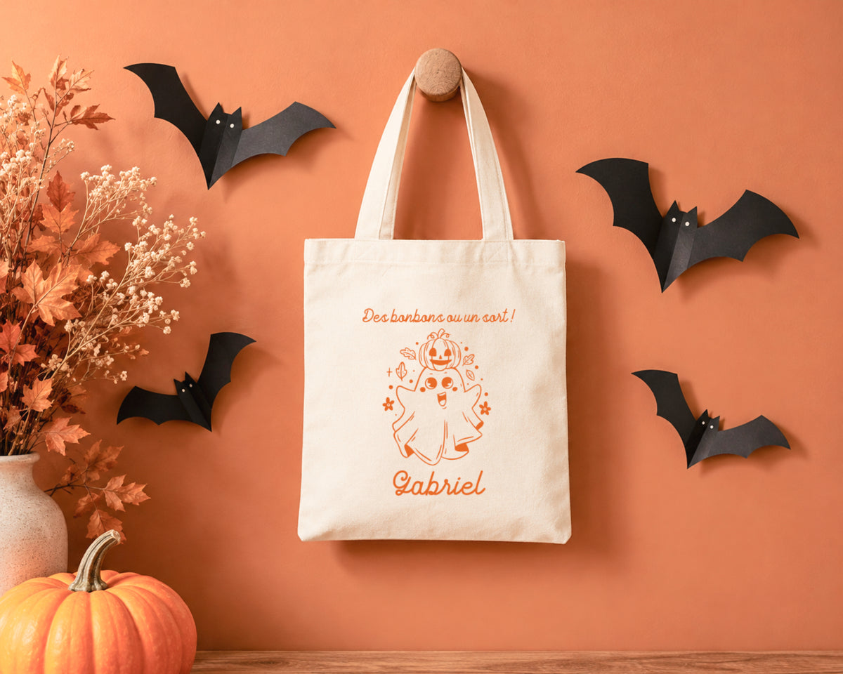 Sac Halloween personnalisé prénom, Fantôme et citrouille, Sac à bonbons enfant
