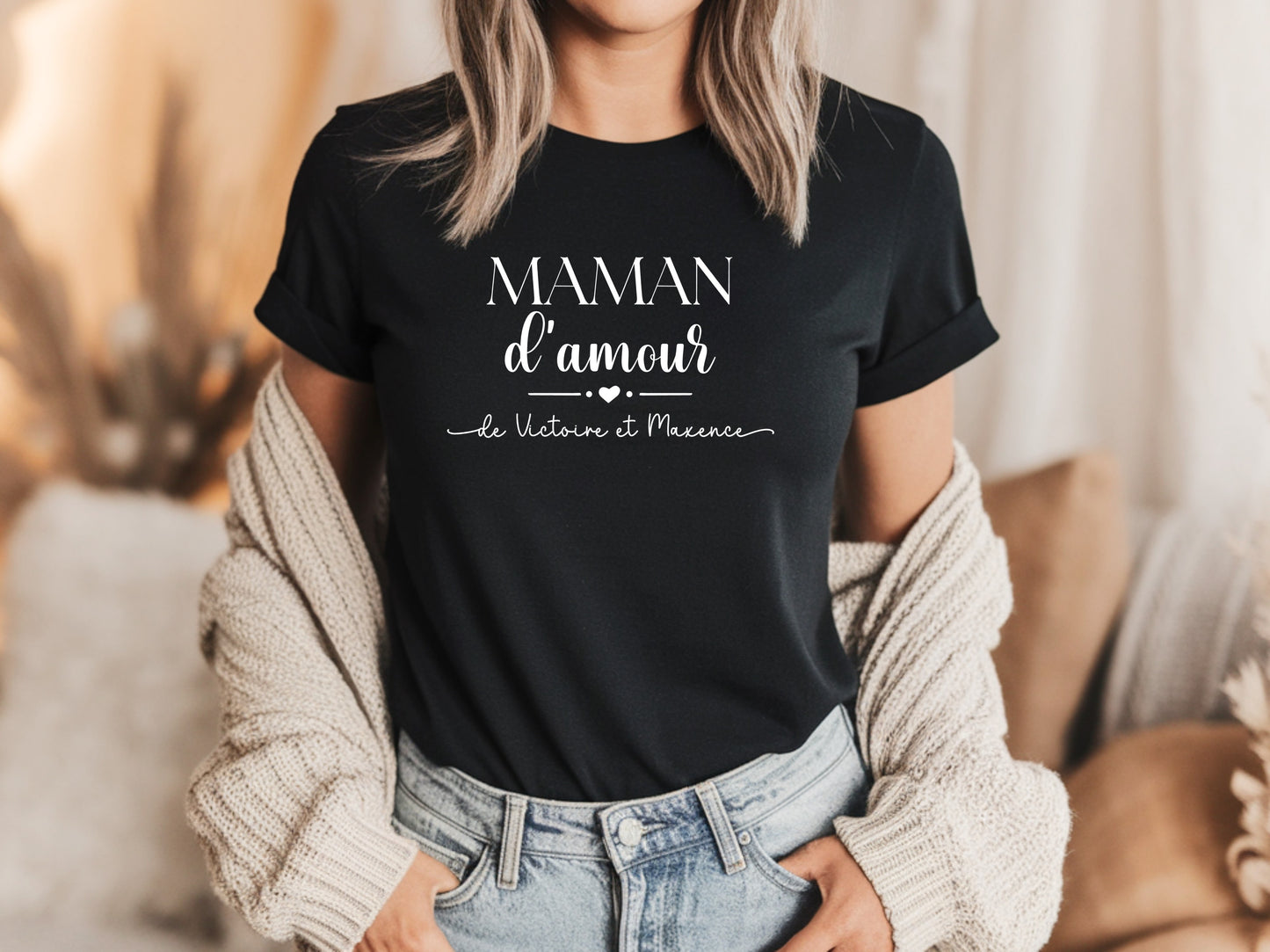 T-shirt Maman d’amour personnalisé – Prénom(s) – Cadeau maman – Fête des mères – T-shirt femme – Anniversaire