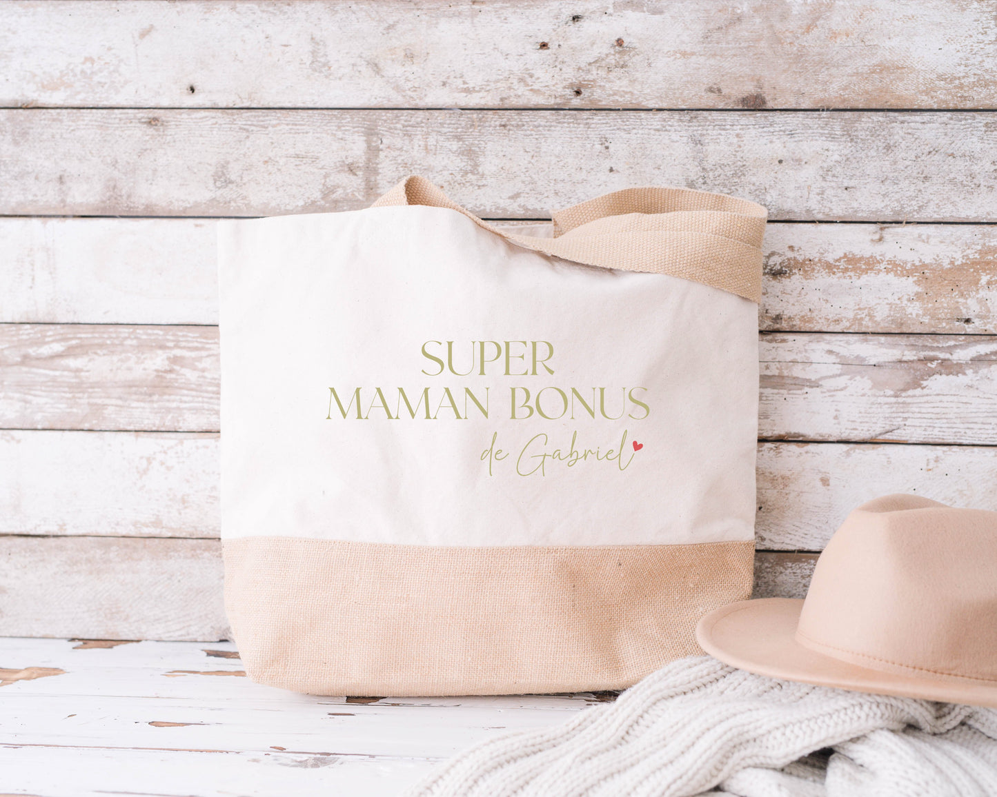 Grand sac shopping XL "Super maman bonus" personnalisé – Prénom(s) – Cadeau belle-maman – Famille recomposée