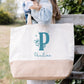 Grand sac shopping XL personnalisé initiale + prénom – Sac coton & jute – Cadeau personnalisé – Week-end plage courses