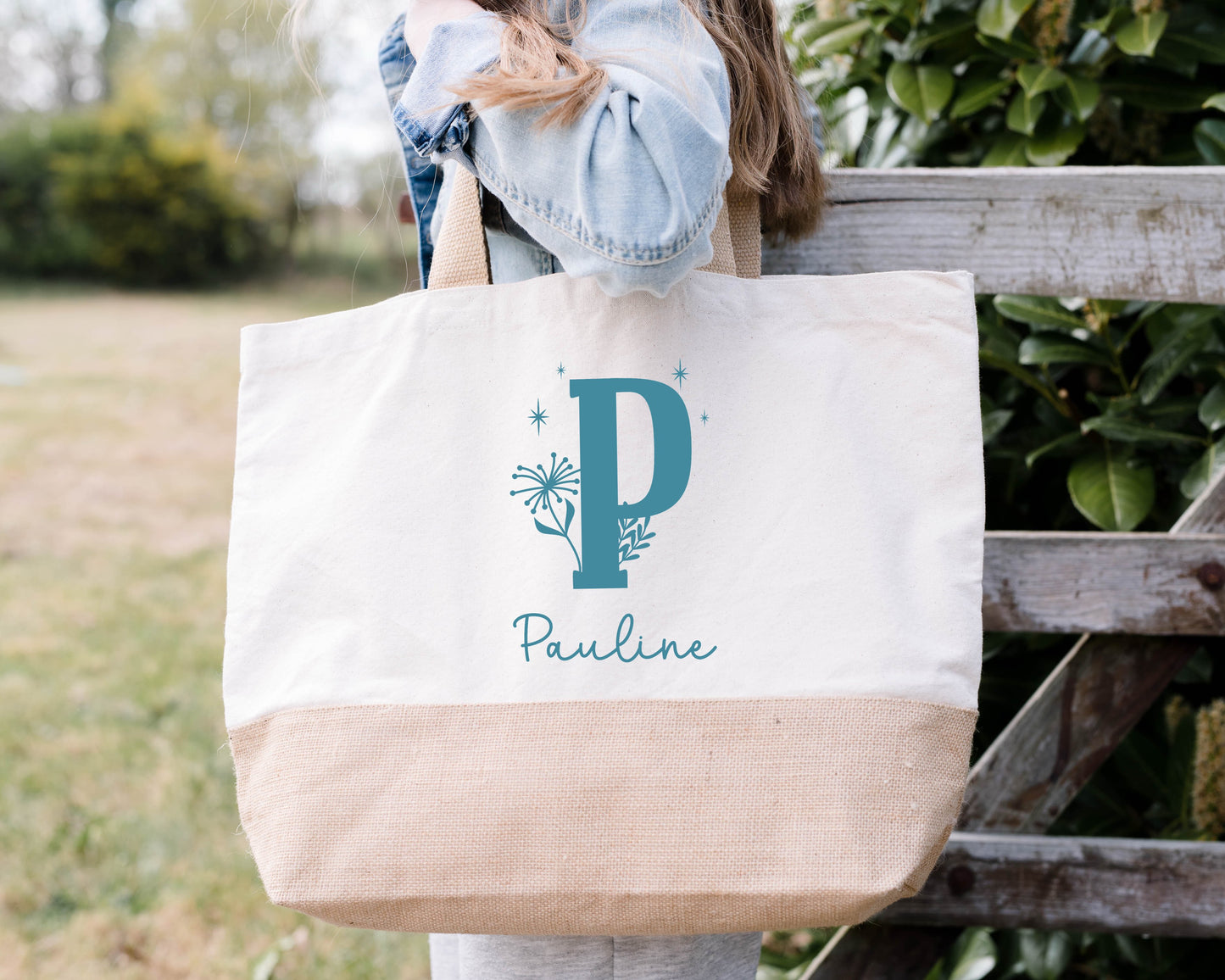 Grand sac shopping XL personnalisé initiale + prénom – Sac coton & jute – Cadeau personnalisé – Week-end plage courses