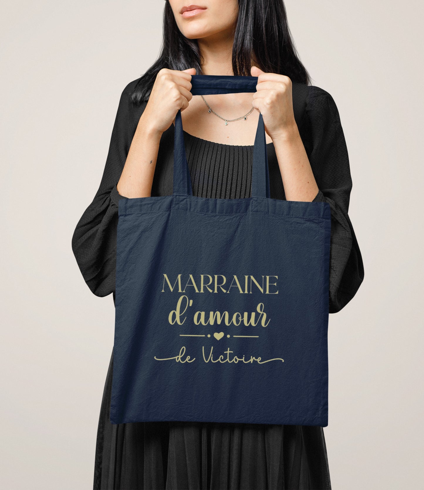 Tote bag Marraine d’amour personnalisé – Prénom filleul(e) – Cadeau marraine – Baptême – Sac en coton – Anniversaire