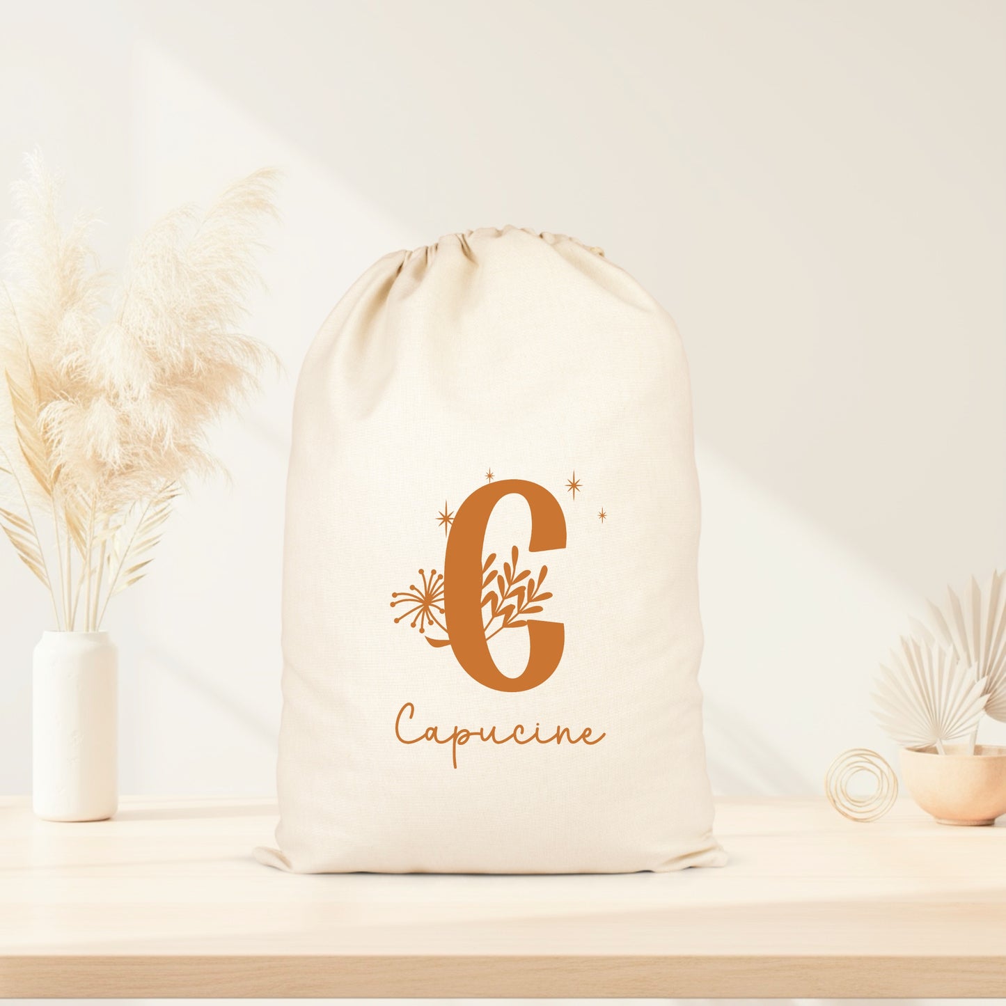 Pochon personnalisé initiale + prénom – Sac pochon coton – Cadeau personnalisé enfant femme – Rangement – Anniversaire