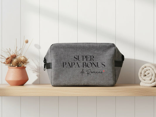 Trousse toilette homme Super papa bonus personnalisée – Prénom(s) – Cadeau beau-papa – Famille recomposée