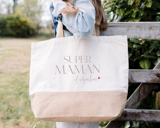 Grand sac shopping XL Super maman personnalisé – Prénom(s) – Cadeau maman – Fête des mères – Sac coton & jute