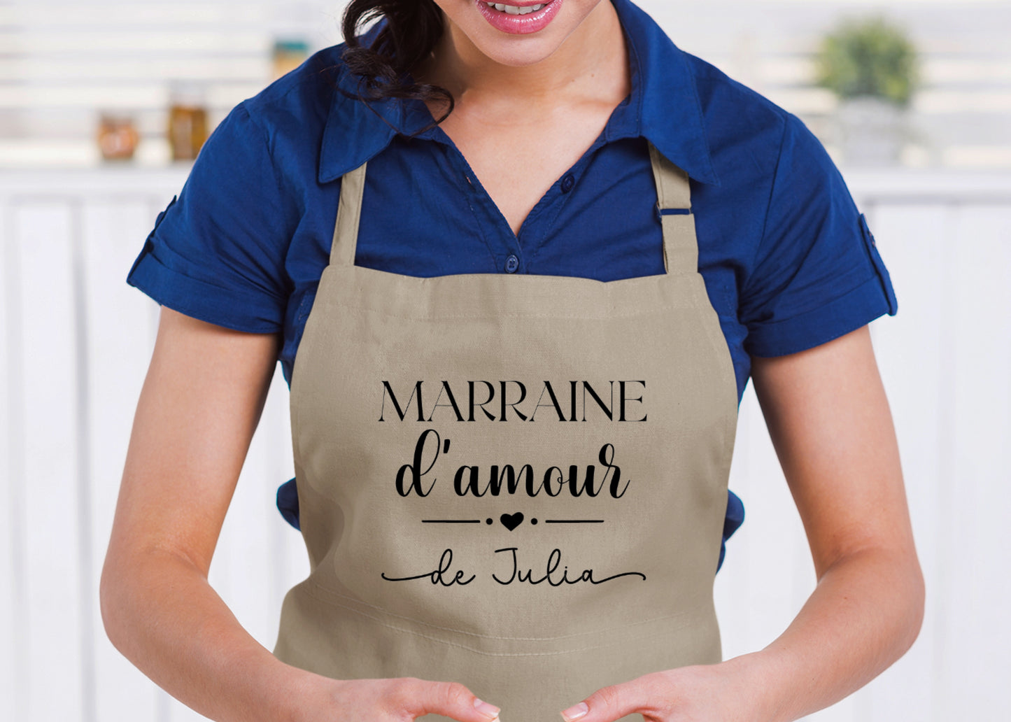 Tablier Marraine d’amour personnalisé – Prénom filleul(e) – Cadeau marraine – Baptême – Tablier cuisine – Anniversaire