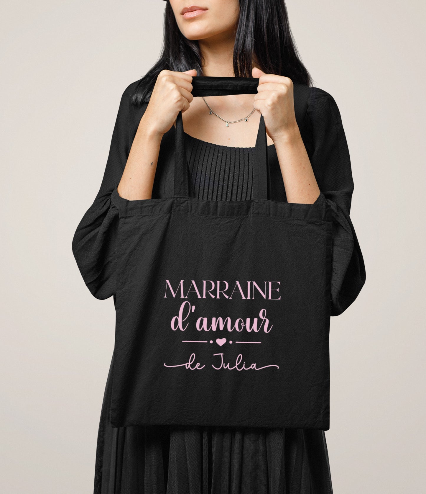 Tote bag Marraine d’amour personnalisé – Prénom filleul(e) – Cadeau marraine – Baptême – Sac en coton – Anniversaire