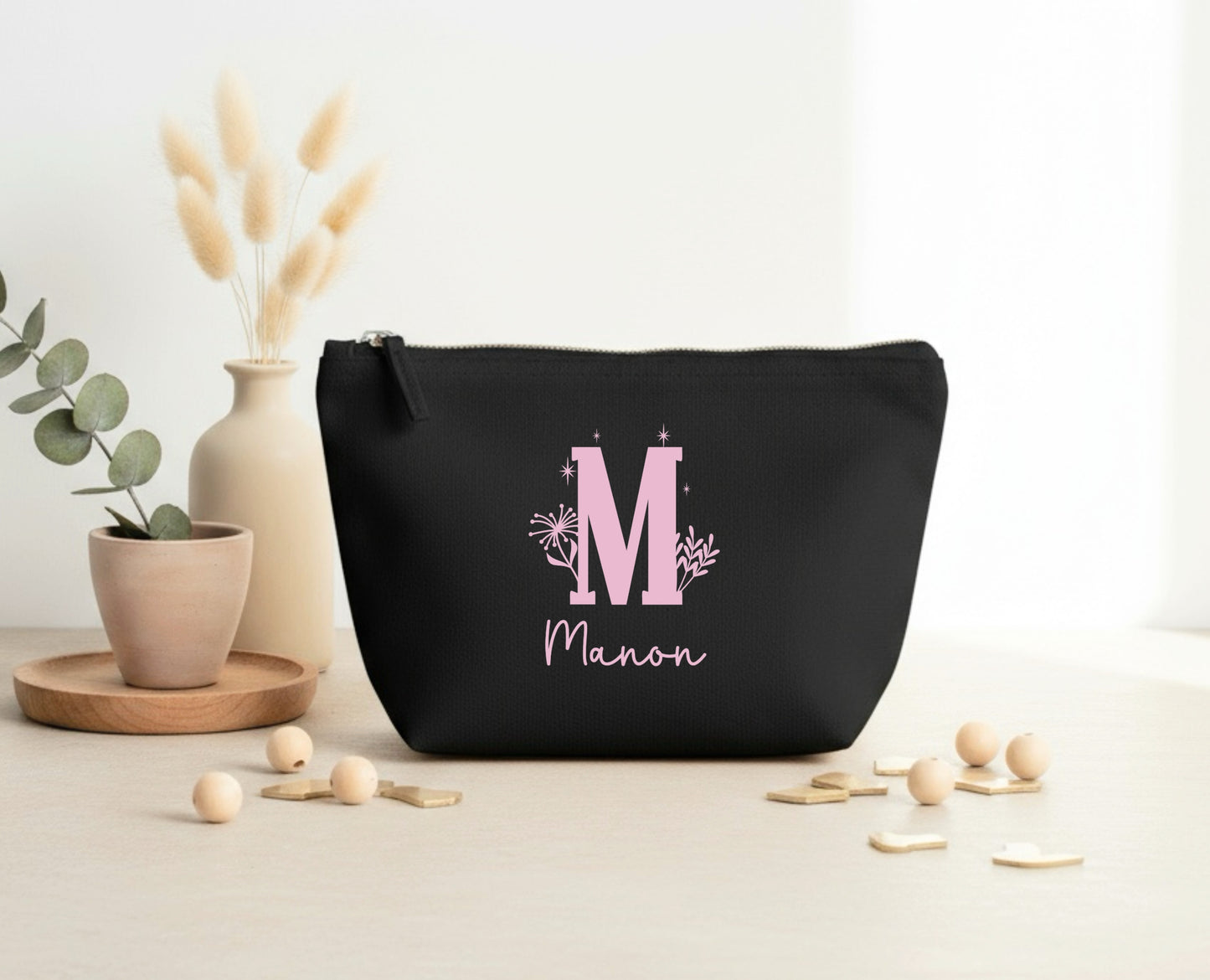 Trousse personnalisée initiale + prénom – Pochette coton – Cadeau personnalisé femme enfant – Anniversaire – Rangement