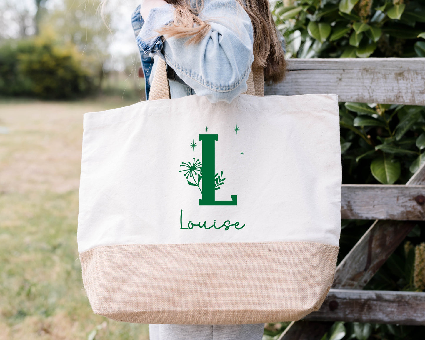 Grand sac shopping XL personnalisé initiale + prénom – Sac coton & jute – Cadeau personnalisé – Week-end plage courses