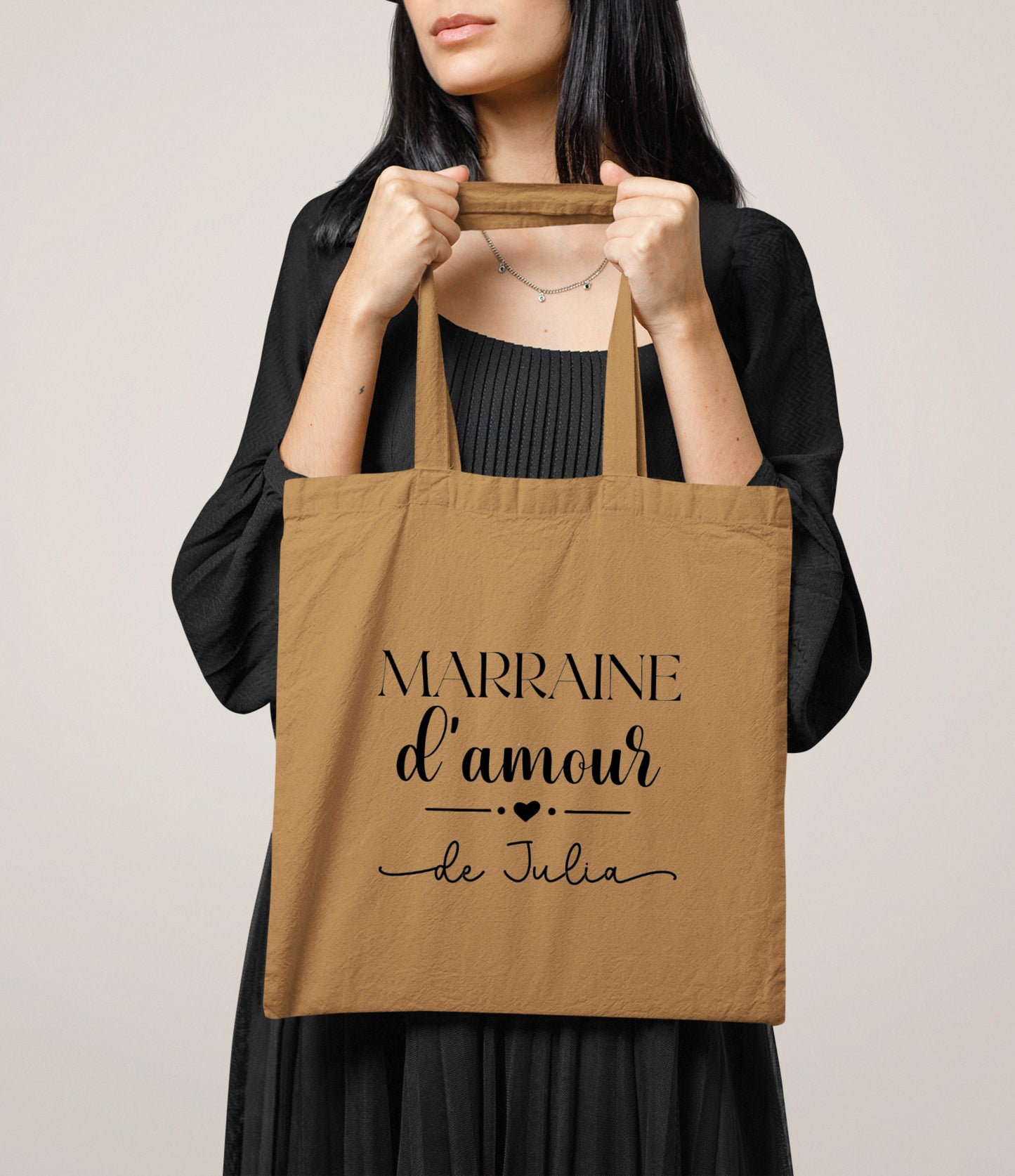 Tote bag Marraine d’amour personnalisé – Prénom filleul(e) – Cadeau marraine – Baptême – Sac en coton – Anniversaire
