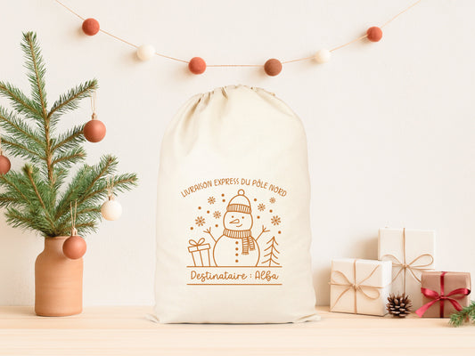Pochon Noël Personnalisé Enfant | Hotte Père Noël Bonhomme de Neige Pôle Nord | Sac Cadeau Livraison Express | Coton | 5 Tailles