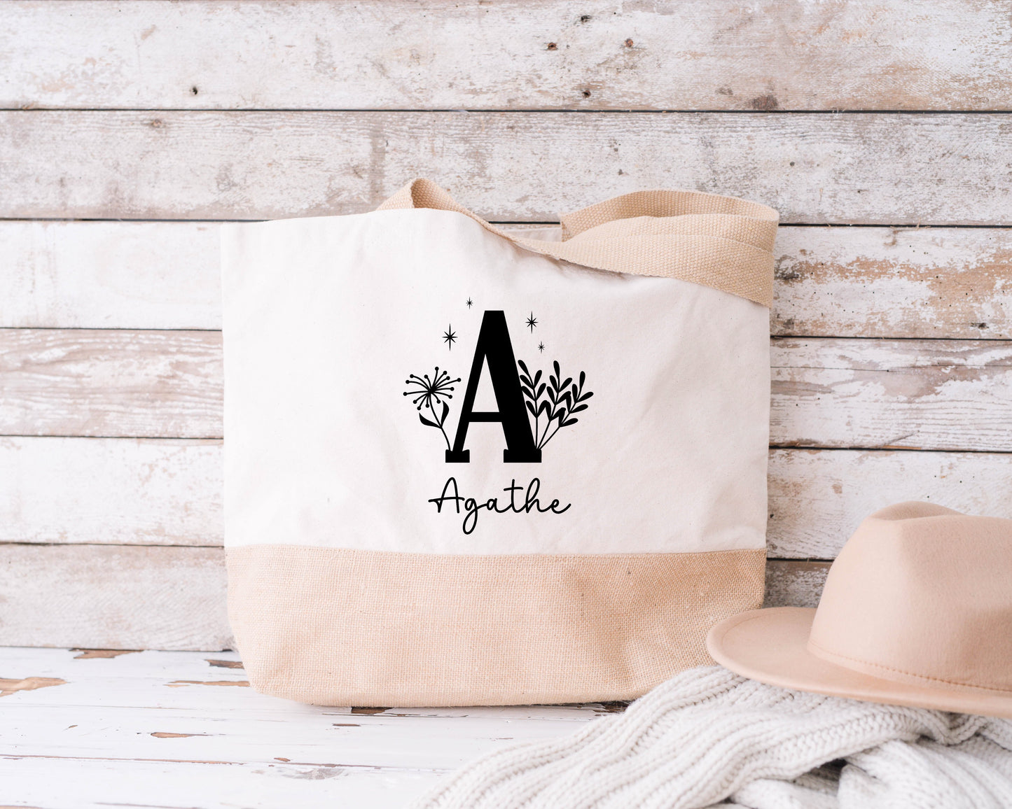 Grand sac shopping XL personnalisé initiale + prénom – Sac coton & jute – Cadeau personnalisé – Week-end plage courses