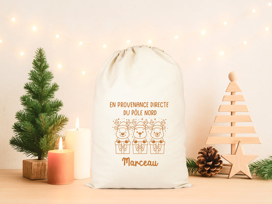 Pochon Noël Personnalisé Prénom Enfant | Hotte Père Noël Renne Pôle Nord | Sac Cadeau Coton Réutilisable | 5 Tailles