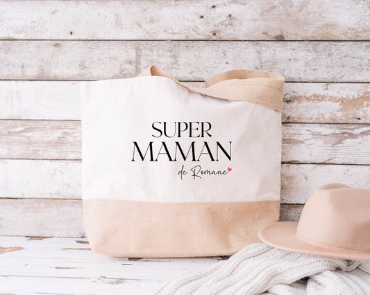 Grand sac shopping XL Super maman personnalisé – Prénom(s) – Cadeau maman – Fête des mères – Sac coton & jute