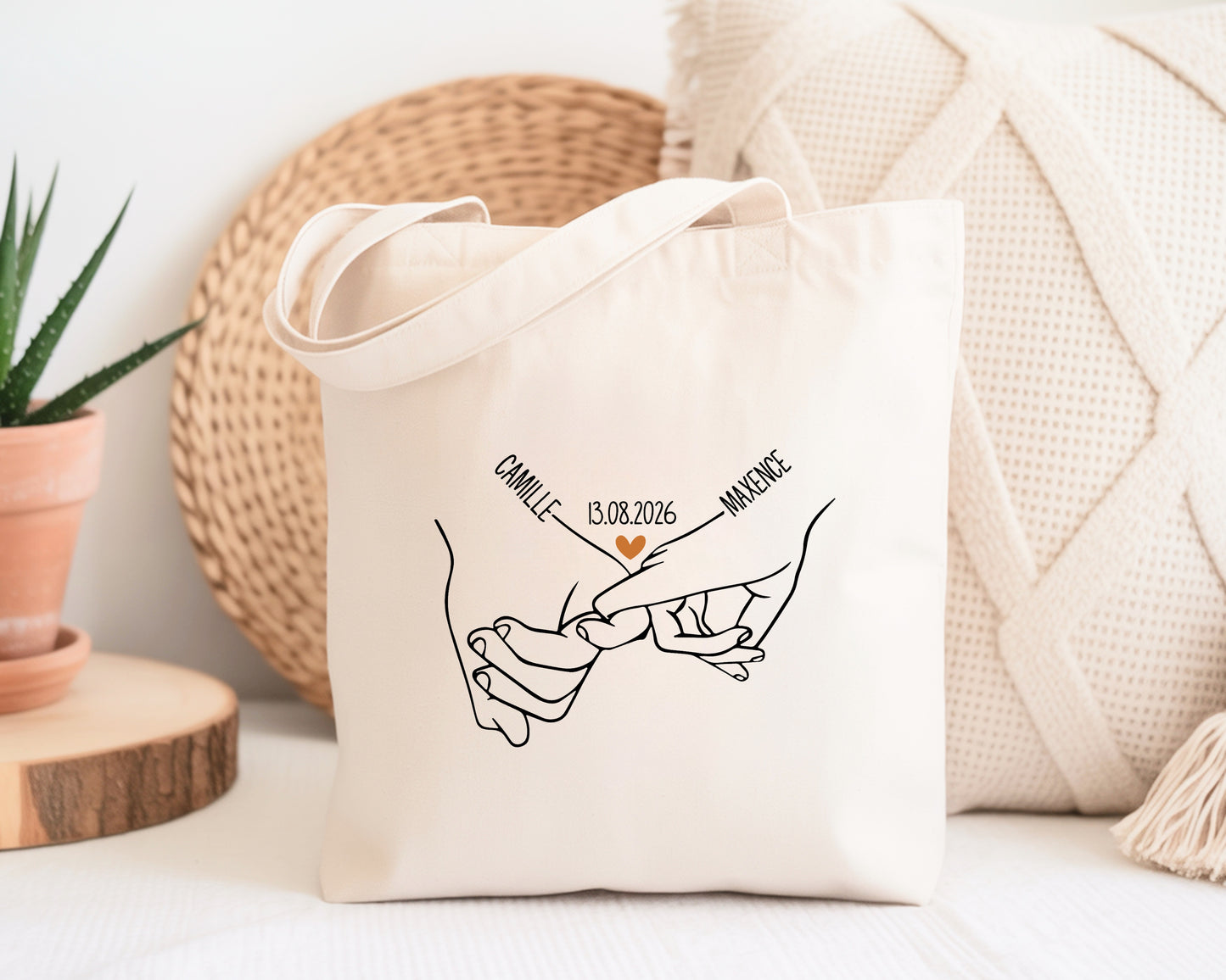 Tote Bag Couple Personnalisé Prénoms et Date, Sac Tote Bag Amoureux, Cadeau Couple, Cadeau Saint Valentin, Anniversaire de Rencontre