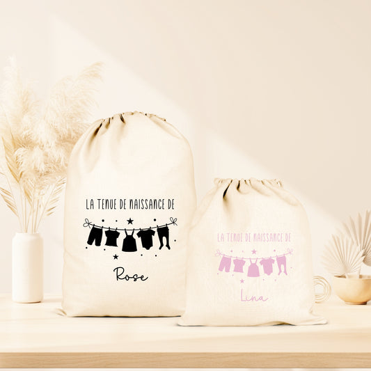 Pochon "tenue de naissance" personnalisé – Prénom – Sac naissance bébé – Rangement maternité – Cadeau naissance