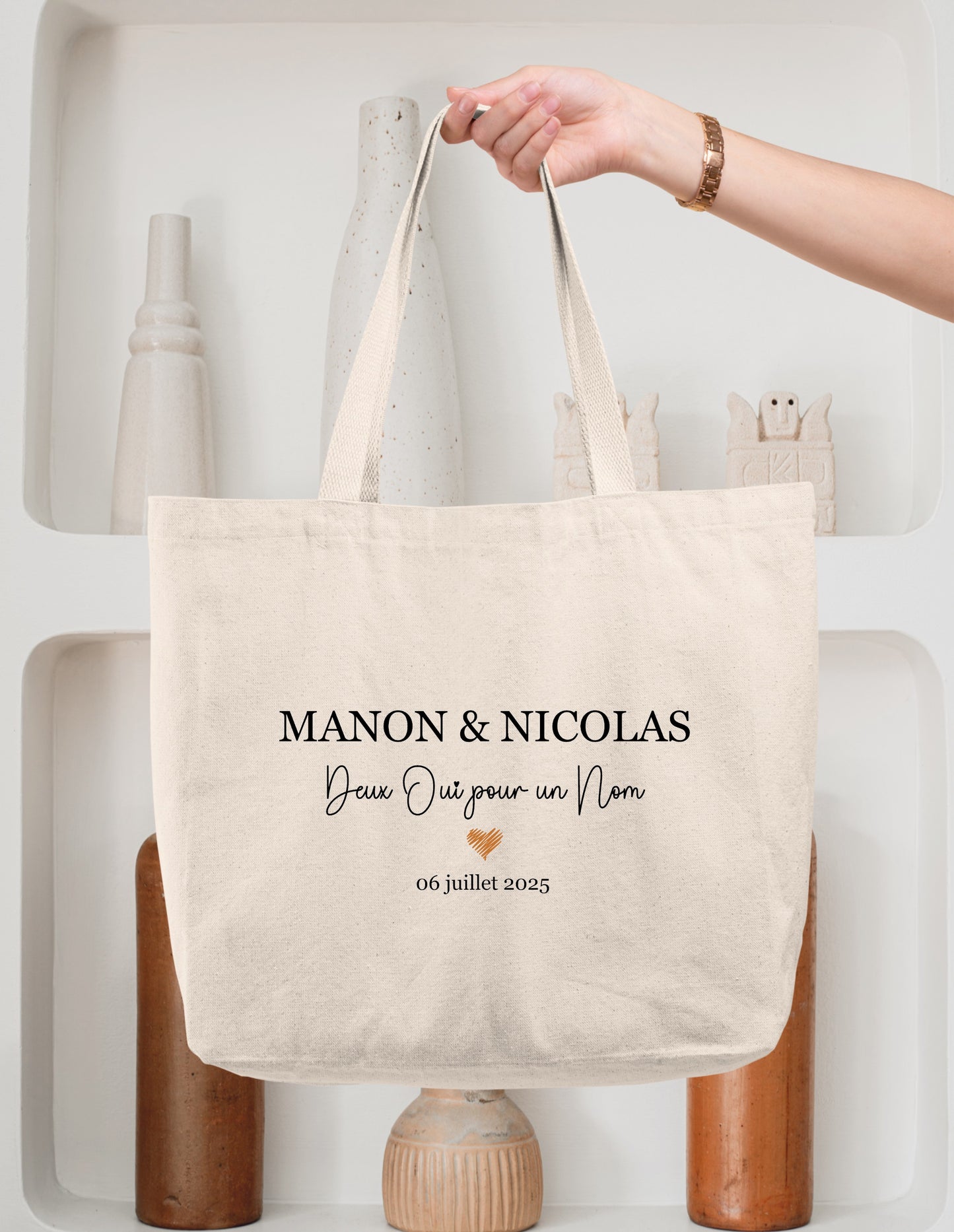 Cabas coton mariage personnalisé prénoms & date – "Deux oui pour un nom" – Cadeau mariés