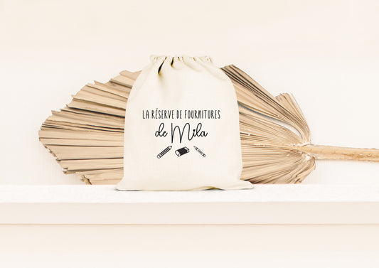 Pochon personnalisé enfant, Réserve de fournitures, Sac à cordon prénom, Cadeau rentrée scolaire, Pochette école coton