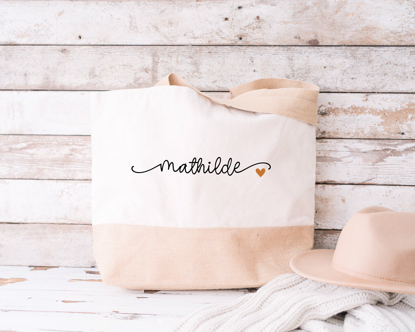 Grand sac XL coton & jute personnalisé prénom avec petit cœur – Sac shopping – Cadeau personnalisé