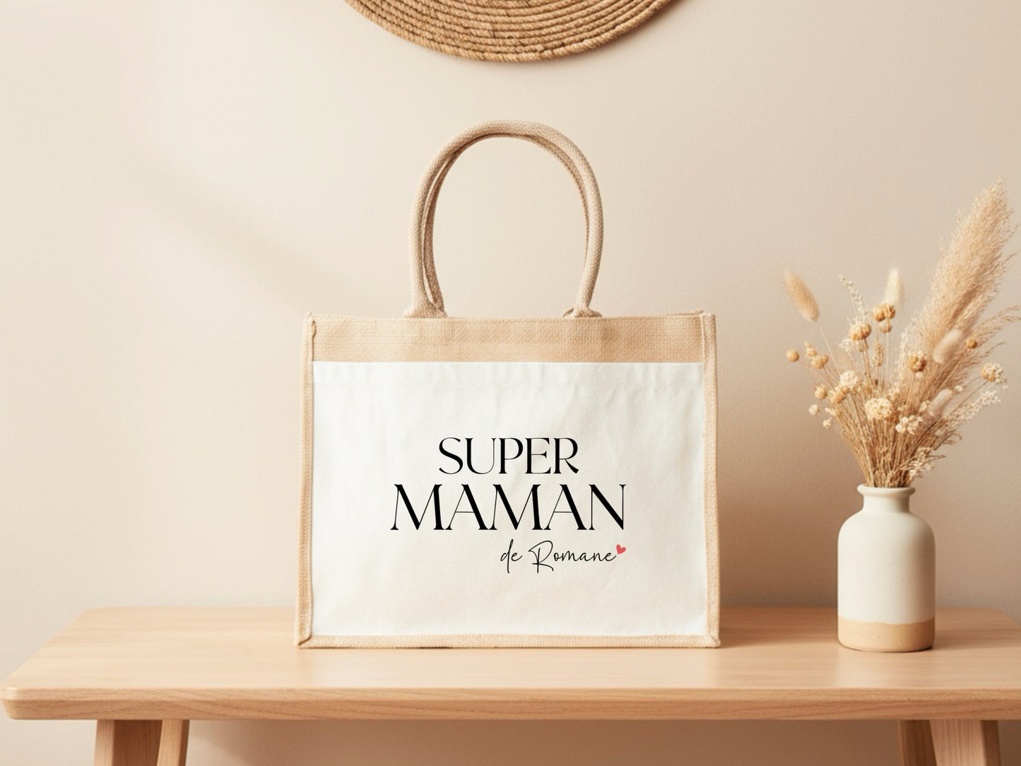 Cabas jute Super maman personnalisé – Prénom(s) – Cadeau maman – Fête des mères – Sac jute shopping – Anniversaire