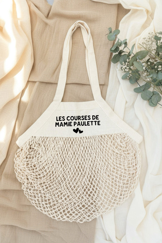 Sac filet courses personnalisé Les courses de + prénom – Sac marché réutilisable – Cadeau personnalisé – Mamie maman
