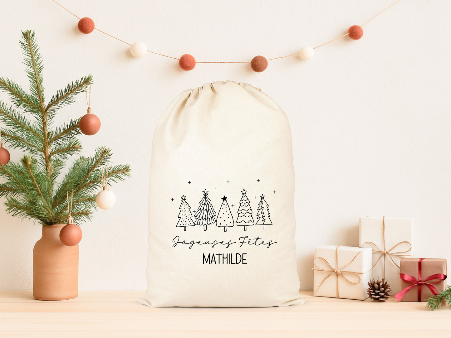 Pochon Noël Personnalisé Prénom | Hotte Père Noël Livraison Spéciale Renne | Sac Cadeau Enfant Coton | Joyeux Noël | 5 Tailles