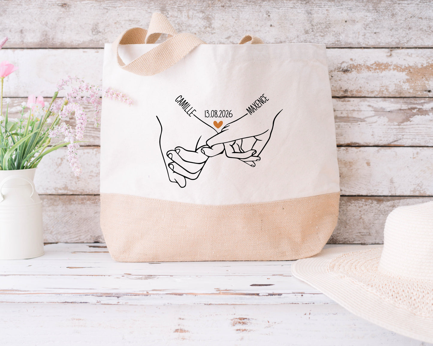Sac Shopping Couple Personnalisé Prénoms et Date, Sac Plage Personnalisé, Cadeau Couple, Cadeau Mariage, Cadeau Saint Valentin