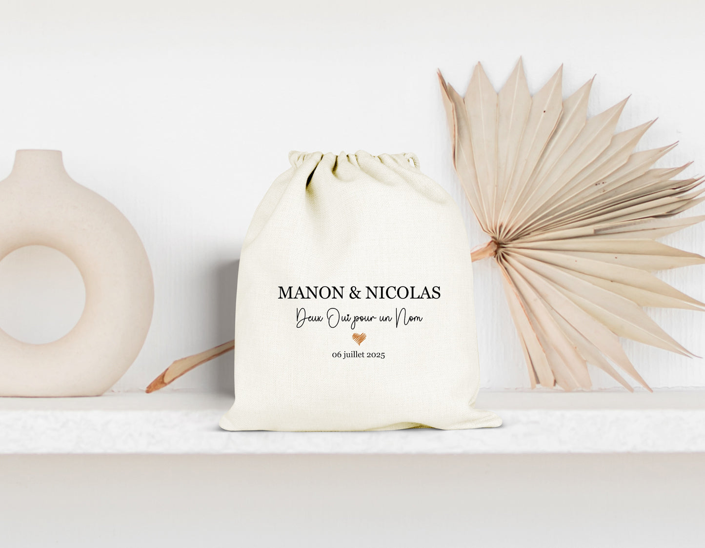 Pochon mariage personnalisé prénoms & date – "Deux oui pour un nom" – Cadeau mariage – Souvenir