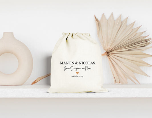 Pochon mariage personnalisé prénoms & date – "Deux oui pour un nom" – Cadeau mariage – Souvenir