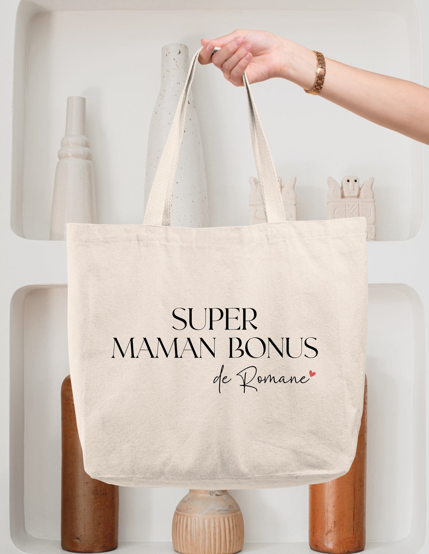 Sac cabas coton "Super maman bonus" personnalisé – Prénom(s) – Cadeau belle-maman – Famille recomposée – Fête des mères