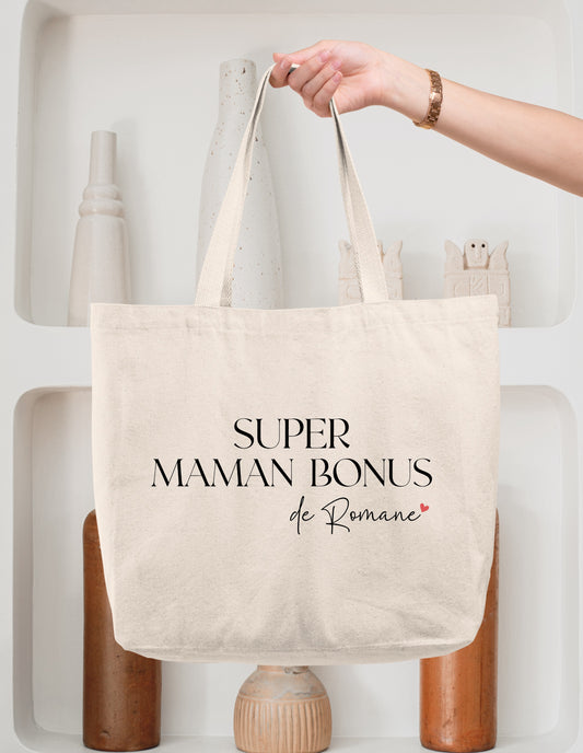 Sac cabas coton "Super maman bonus" personnalisé – Prénom(s) – Cadeau belle-maman – Famille recomposée – Fête des mères