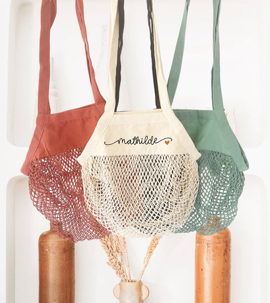 Sac filet courses personnalisé prénom avec petit cœur – Sac réutilisable – Cadeau personnalisé