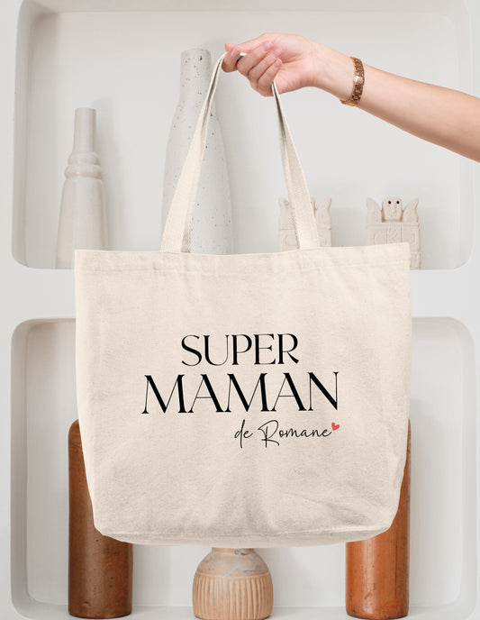 Sac cabas coton Super maman personnalisé – Prénom(s) – Cadeau maman – Fête des mères – Sac shopping – Anniversaire