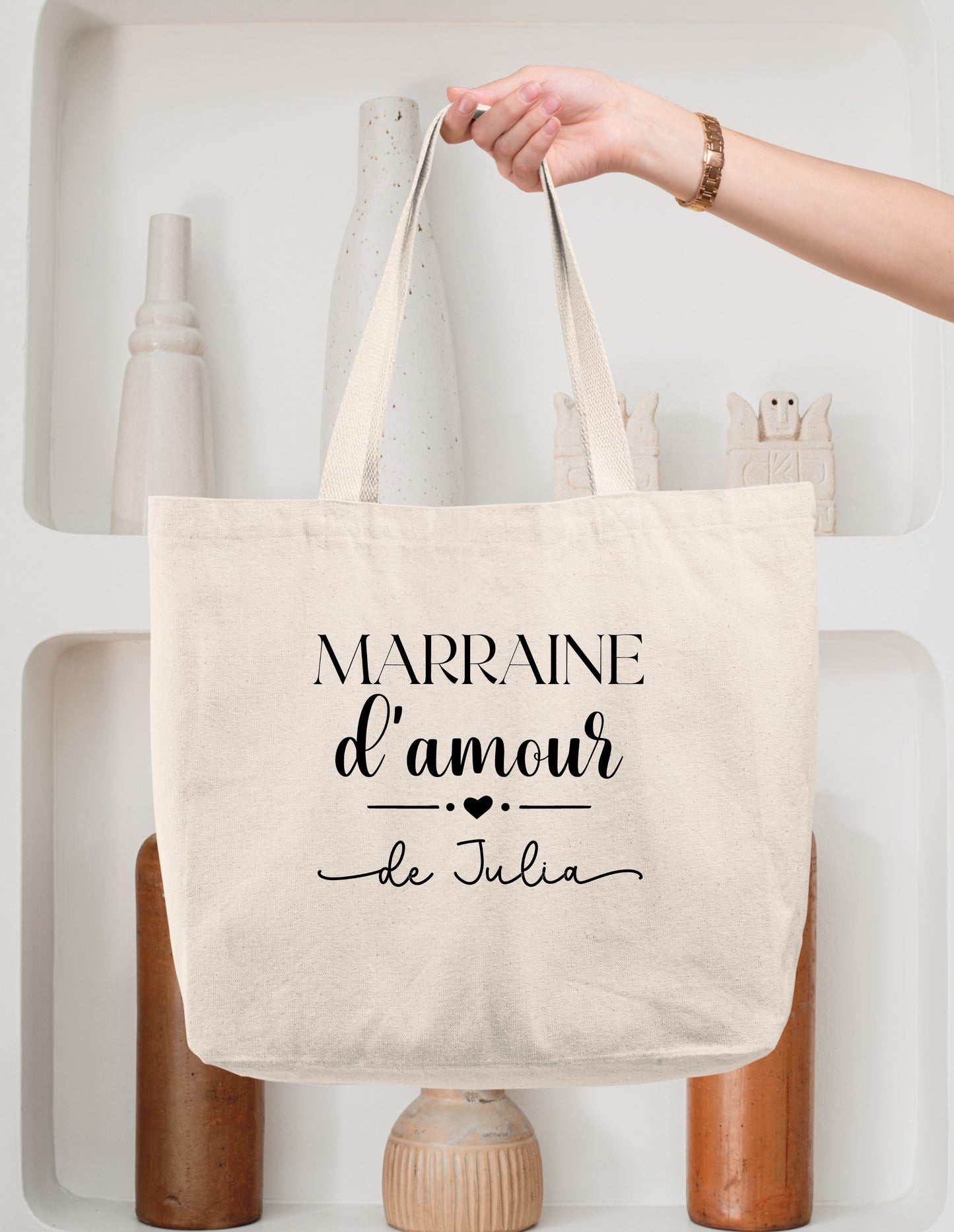 Sac cabas coton Marraine d’amour personnalisé – Prénom filleul(e) – Cadeau marraine – Baptême – Anniversaire