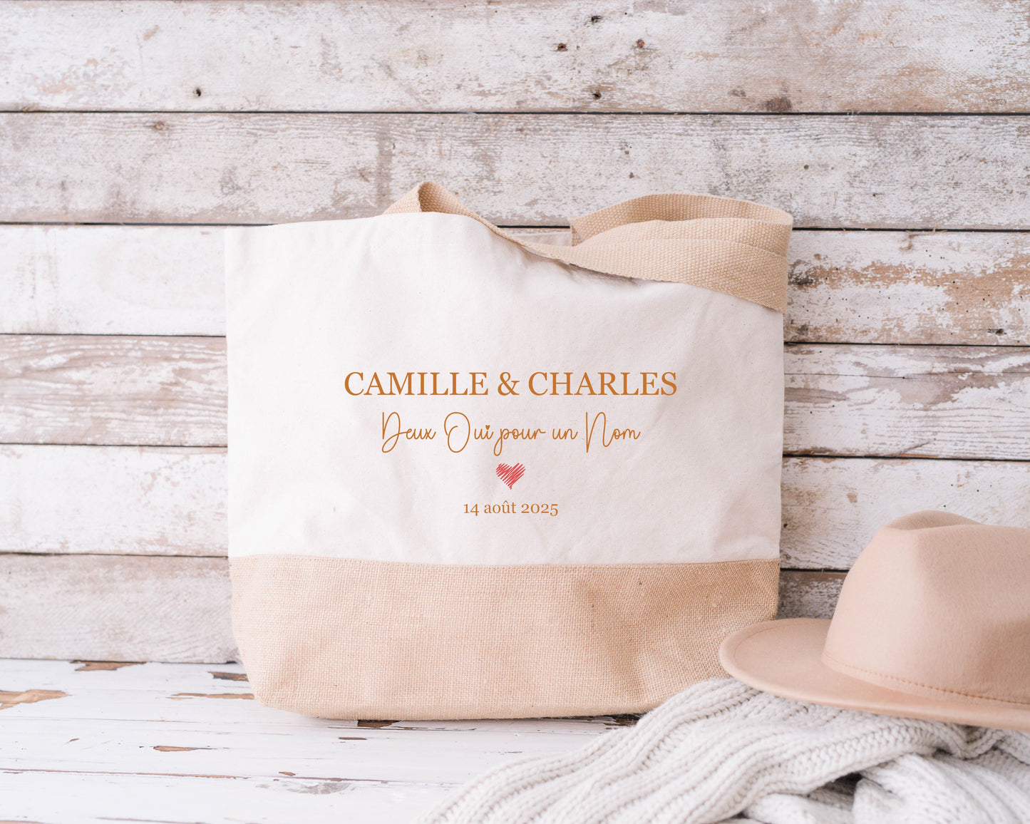 Grand sac XL mariage personnalisé prénoms & date - « Deux oui pour un nom » - Cadeau mariage - Cabas personnalisé mariage