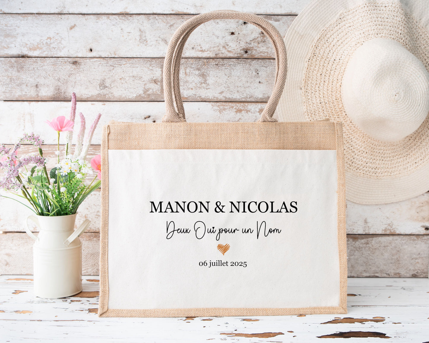 Cabas jute mariage personnalisé prénoms & date – “Deux oui pour un nom” – Cadeau mariés