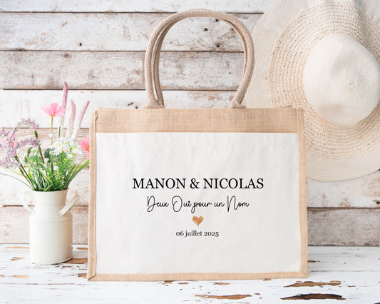 Cabas jute mariage personnalisé prénoms & date – “Deux oui pour un nom” – Cadeau mariés
