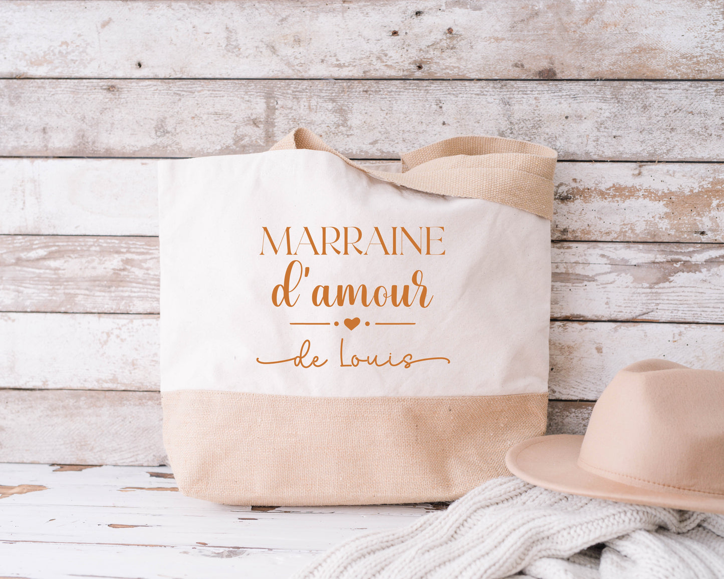 Grand sac shopping XL Marraine d’amour personnalisé – Prénom filleul(e) – Cadeau marraine – Baptême – Sac coton & jute