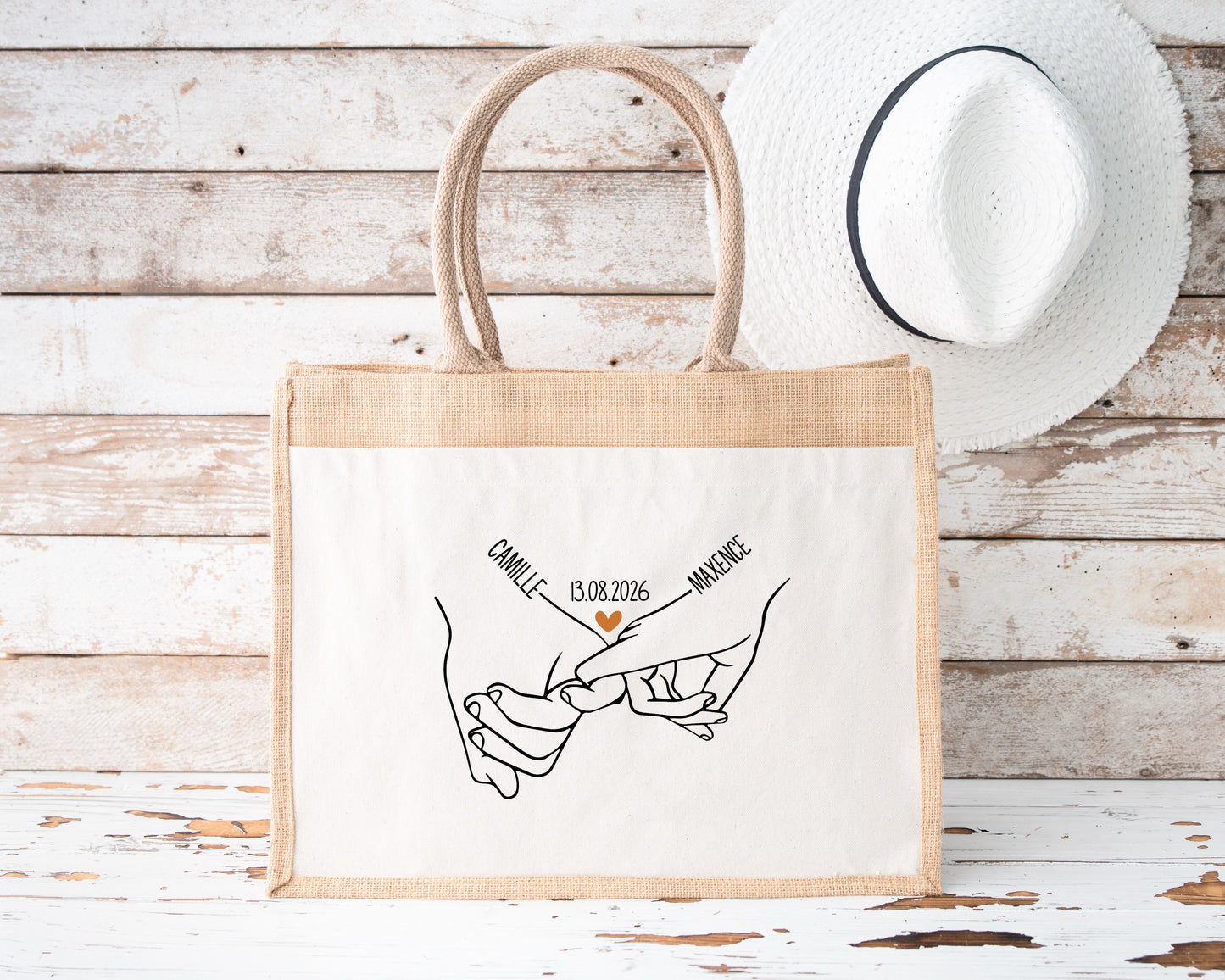 Sac Cabas Couple Personnalisé Prénoms et Date, Cadeau Couple, Sac Plage Personnalisé, Cadeau Mariage, Cadeau Saint Valentin