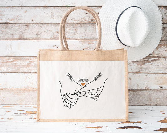 Sac Cabas Couple Personnalisé Prénoms et Date, Cadeau Couple, Sac Plage Personnalisé, Cadeau Mariage, Cadeau Saint Valentin